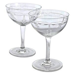 2 Art Deco Etched Champagne Coupes 5" Glasses floral vtg elegance antique drinkw